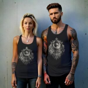 moonlit skeleton framed pentagram gothic pattern artwork tank design, variation 9