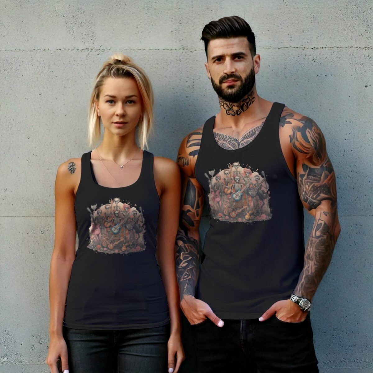 musical skeletons ensemble band bloom roses tank design, variation 7