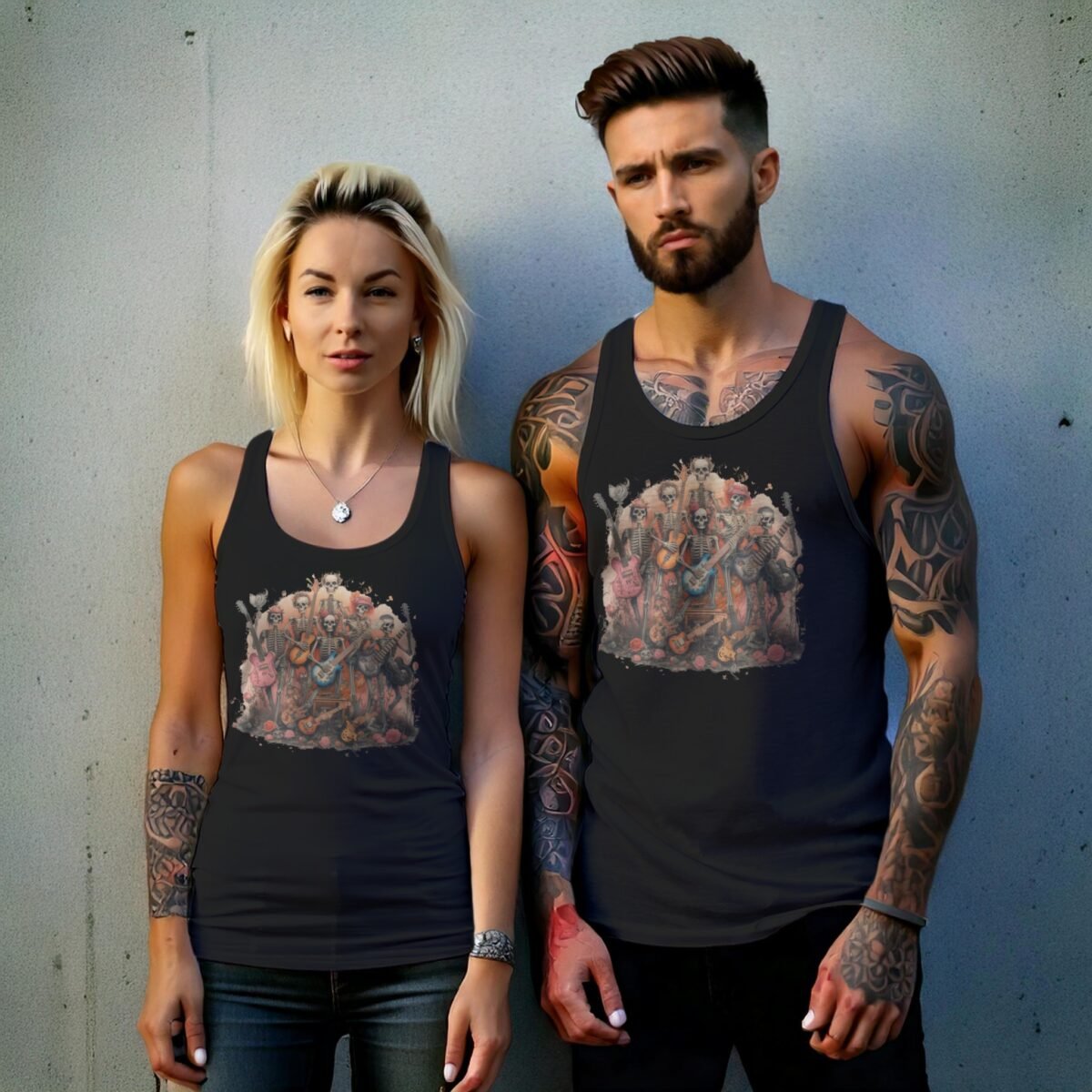 musical skeletons ensemble band bloom roses tank design, variation 9