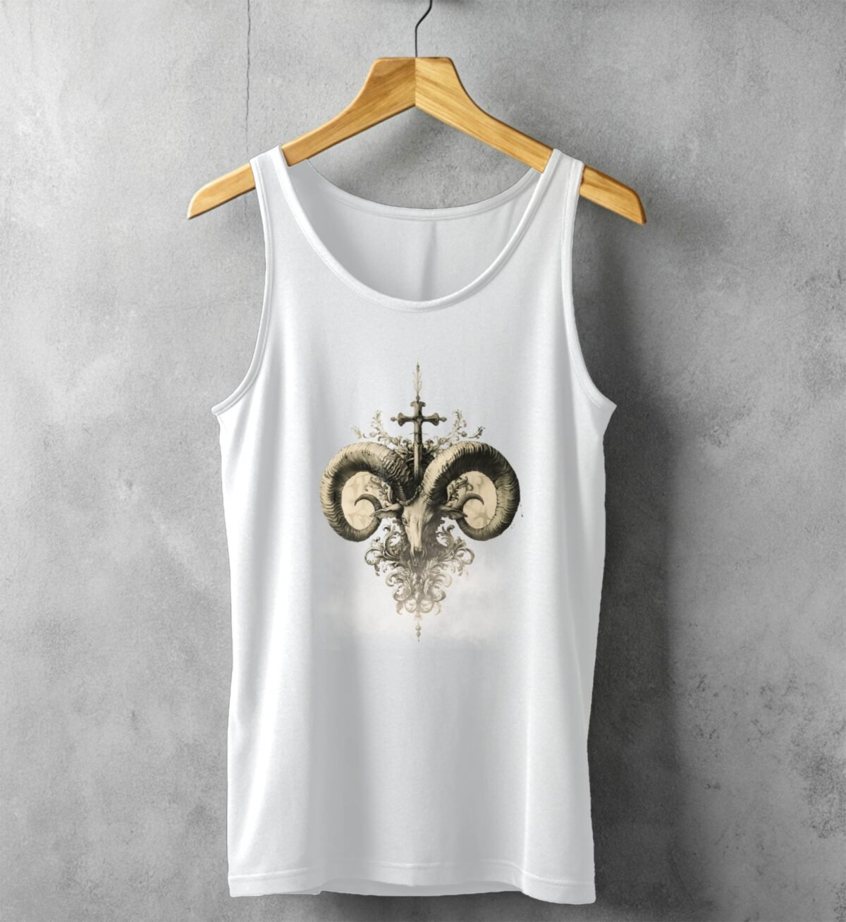 mystical ram skeleton cross floral design tank top design, variation 4