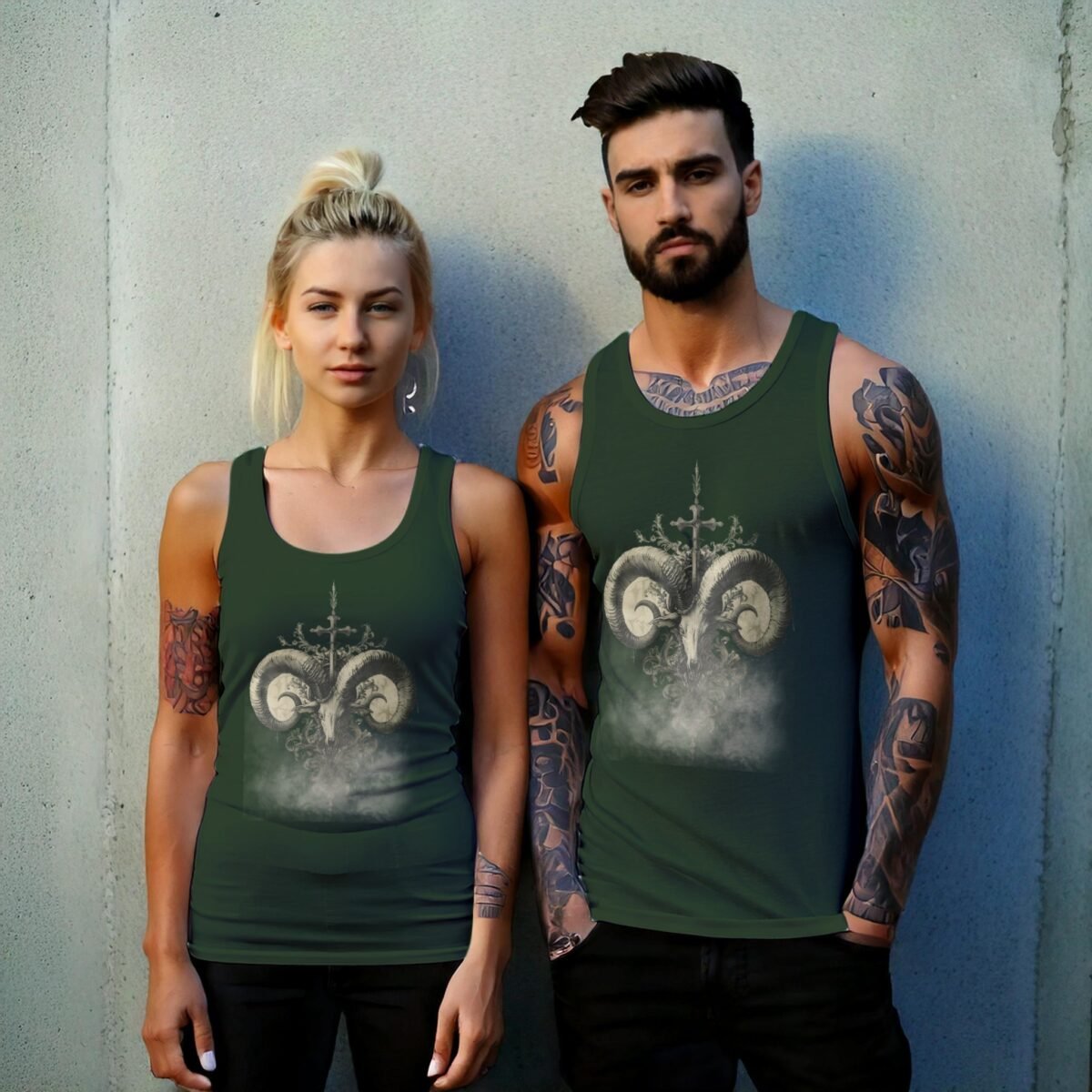 mystical ram skeleton cross floral design tank top design, variation 6