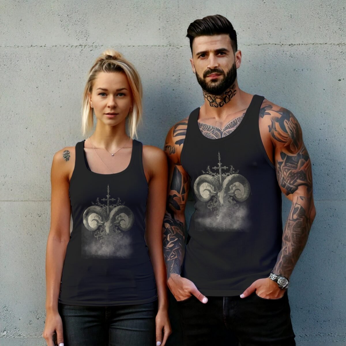 mystical ram skeleton cross floral design tank top design, variation 7