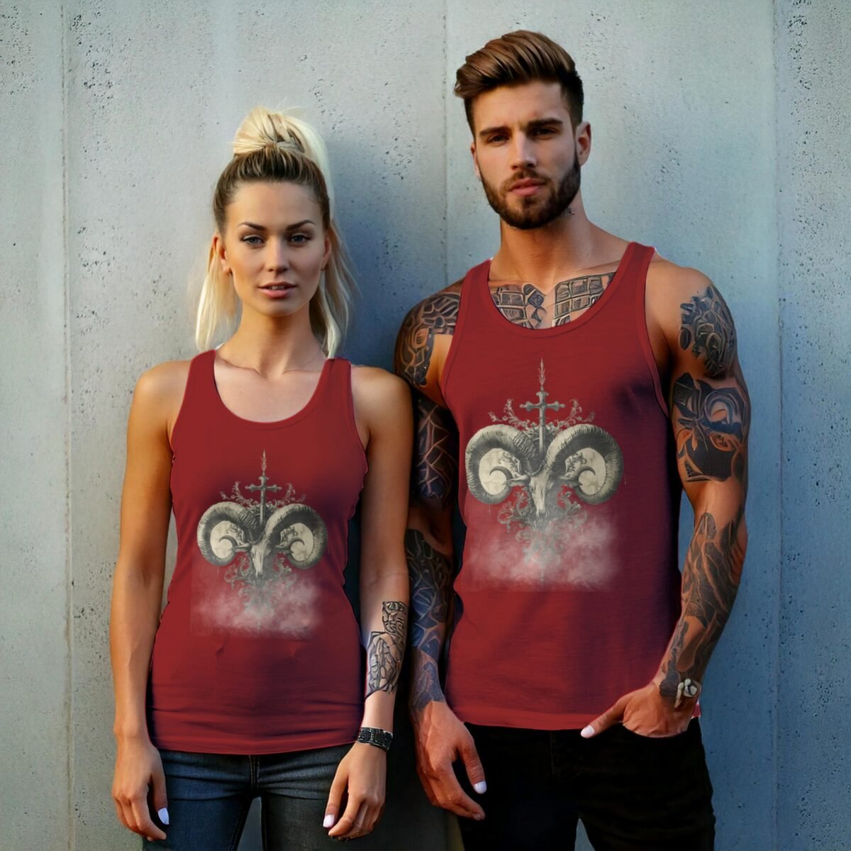 mystical ram skeleton cross floral design tank top design, variation 8