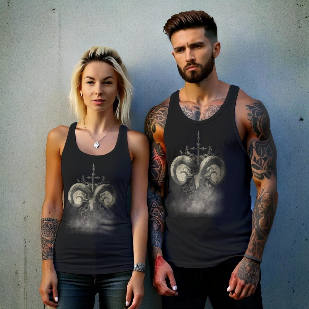 mystical ram skeleton cross floral design tank top design, variation 9