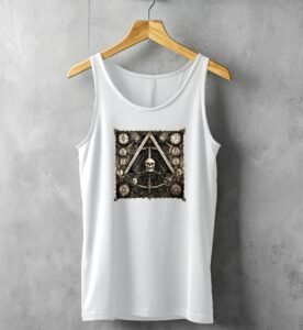 mystical skeleton alchemy pyramid grimoire sacred geometry art tank design, variation 4