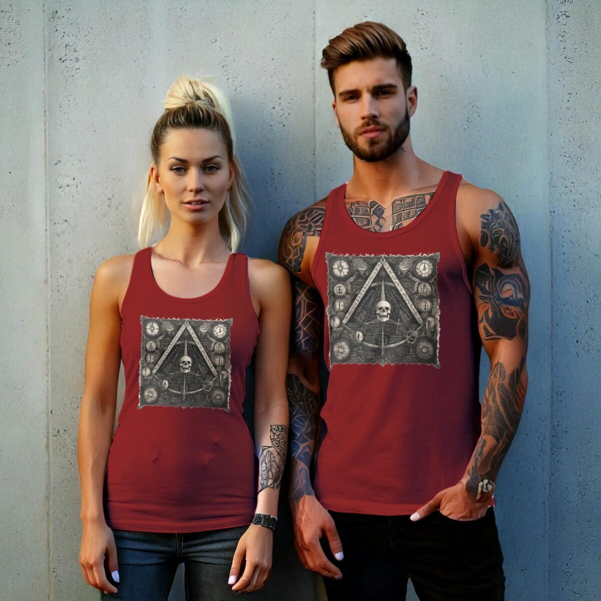 mystical skeleton alchemy pyramid grimoire sacred geometry art tank design, variation 8