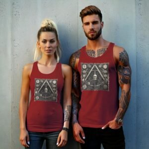 mystical skeleton alchemy pyramid grimoire sacred geometry art tank design, variation 8