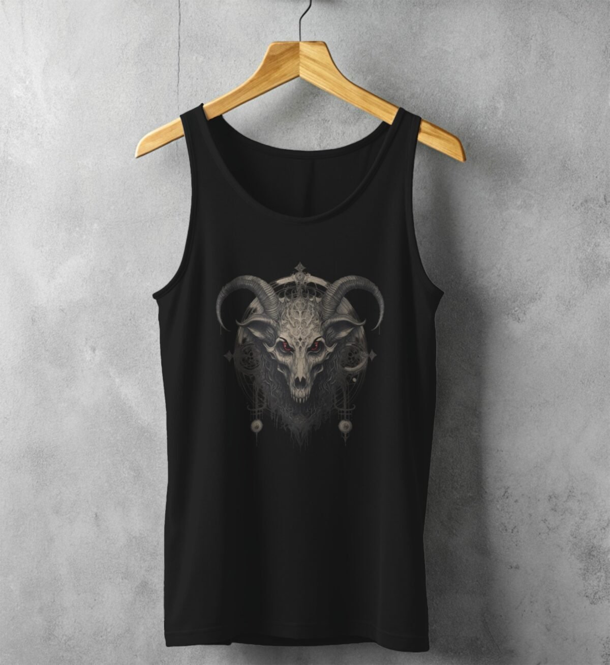 occult skeleton goat horns death motif design tank design, variation 1