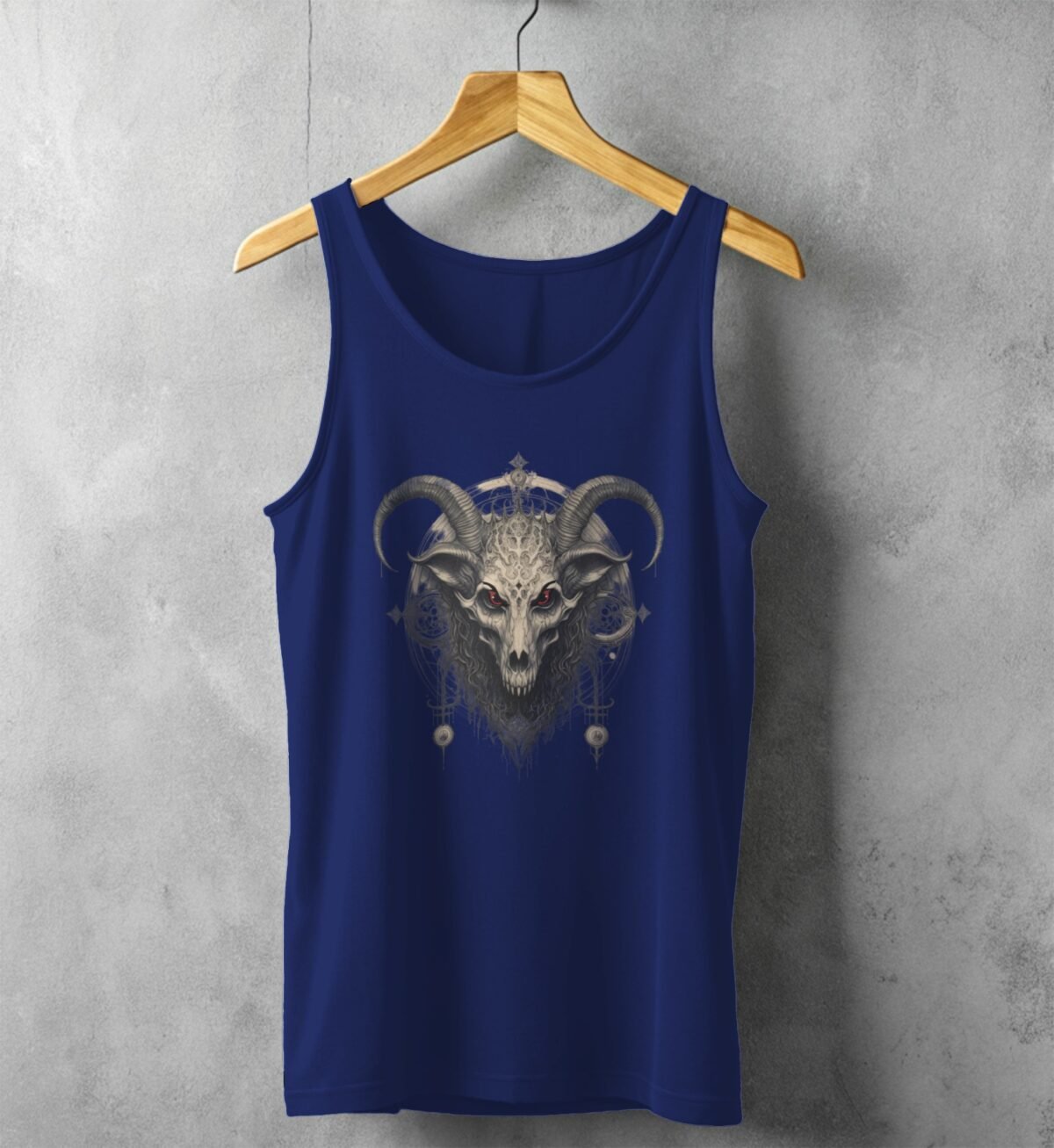 occult skeleton goat horns death motif design tank design, variation 2