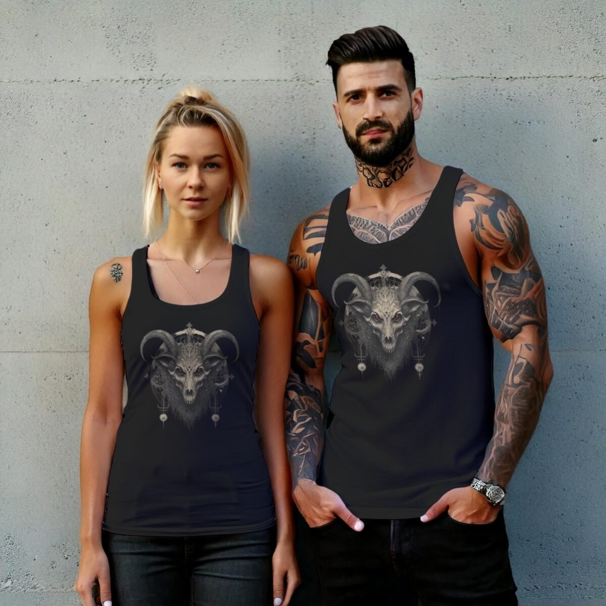 occult skeleton goat horns death motif design tank design, variation 7