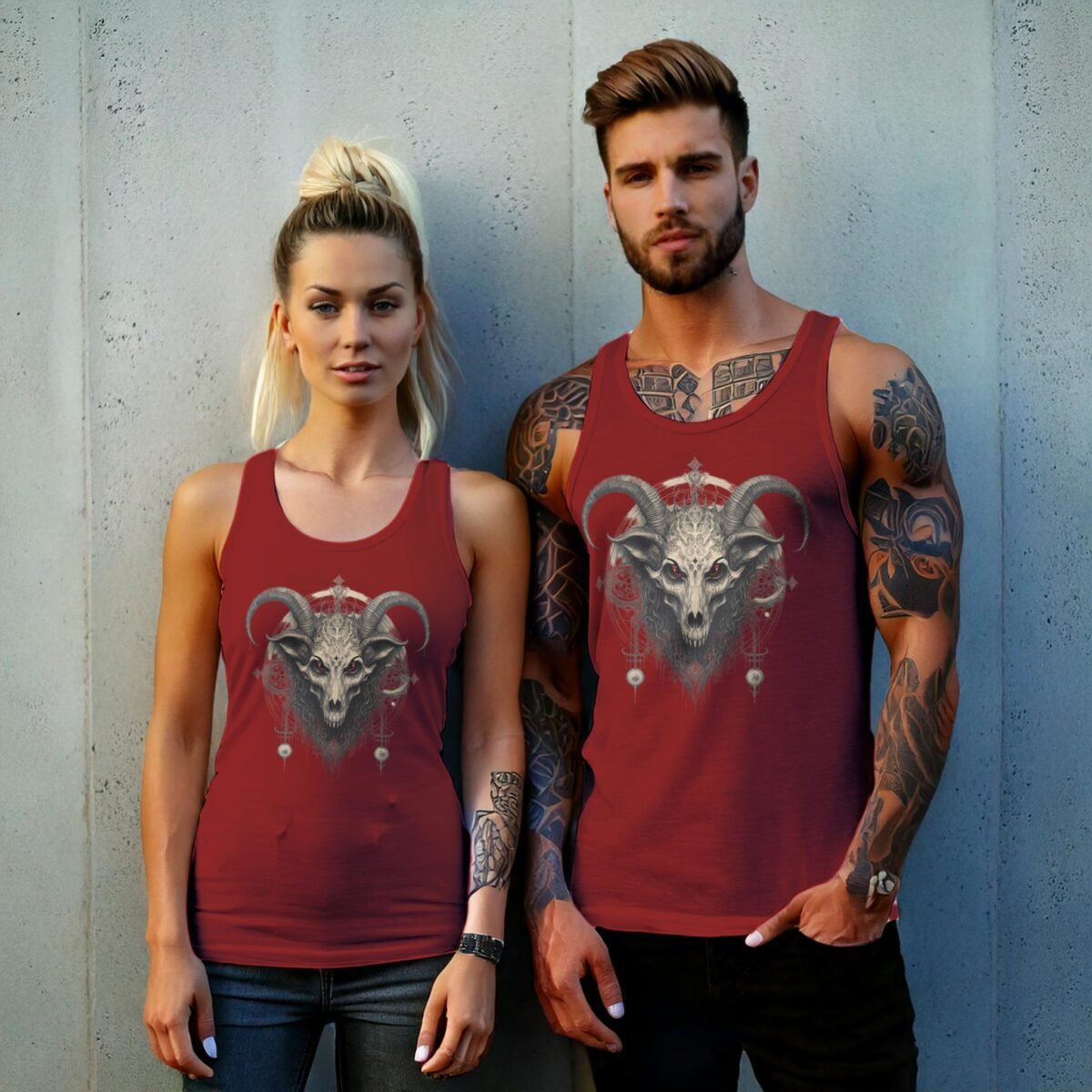 occult skeleton goat horns death motif design tank design, variation 8