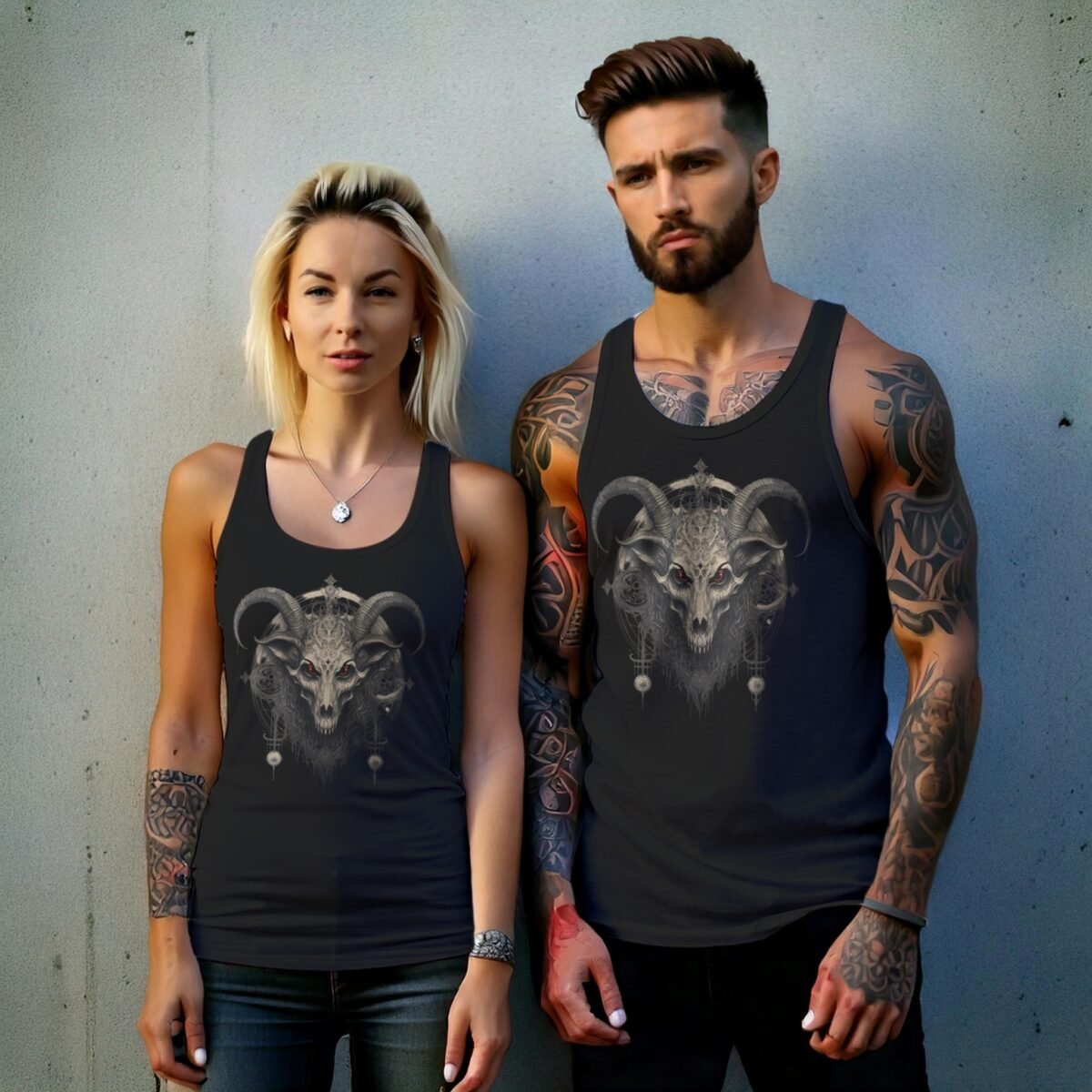 occult skeleton goat horns death motif design tank design, variation 9