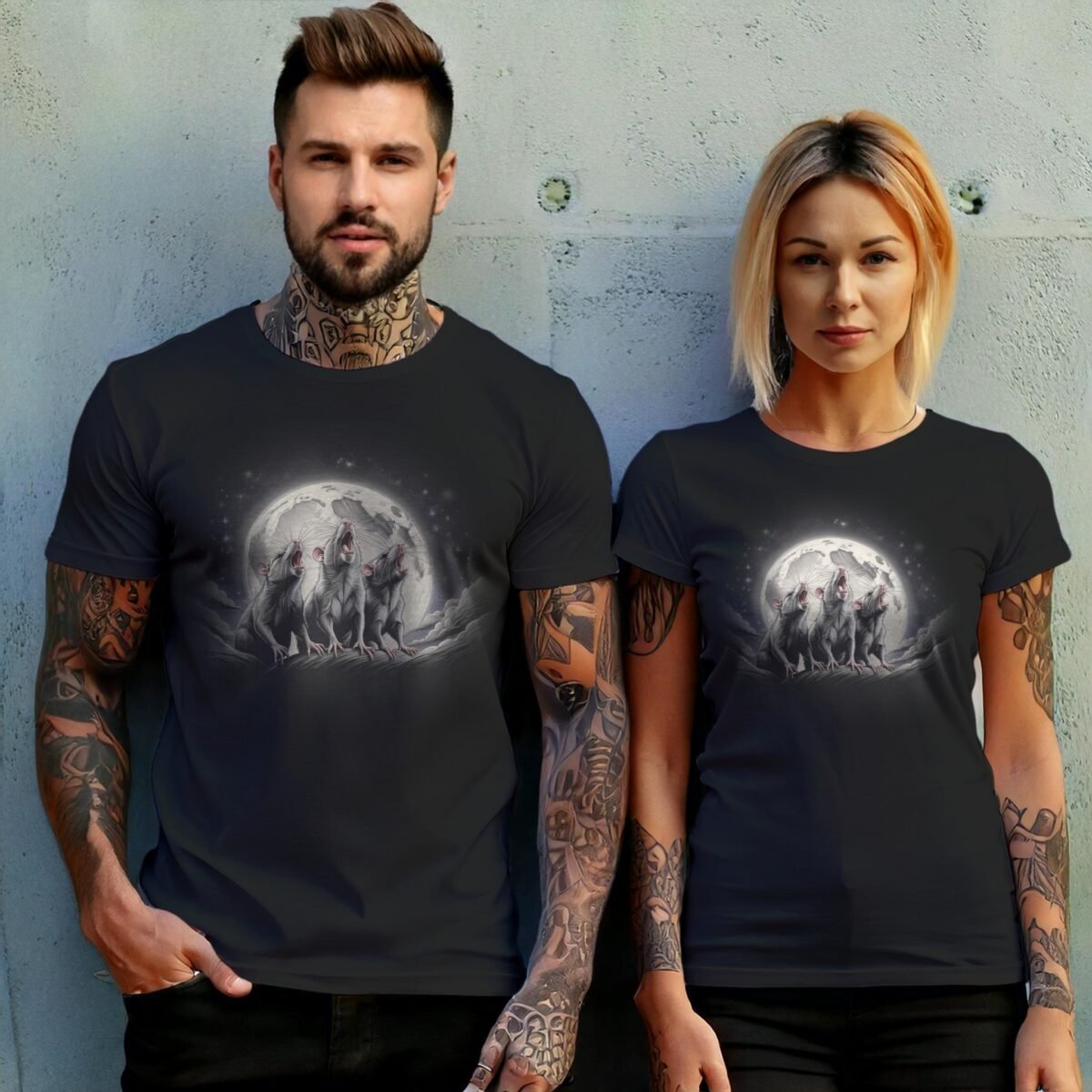 three moon rats howl together night sky t-shirt design, variation 10