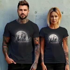 three moon rats howl together night sky t-shirt design, variation 10