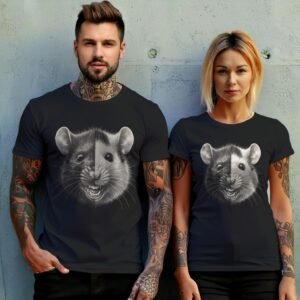 two faces joker rat black white art illustration t-shirt design, variation 10