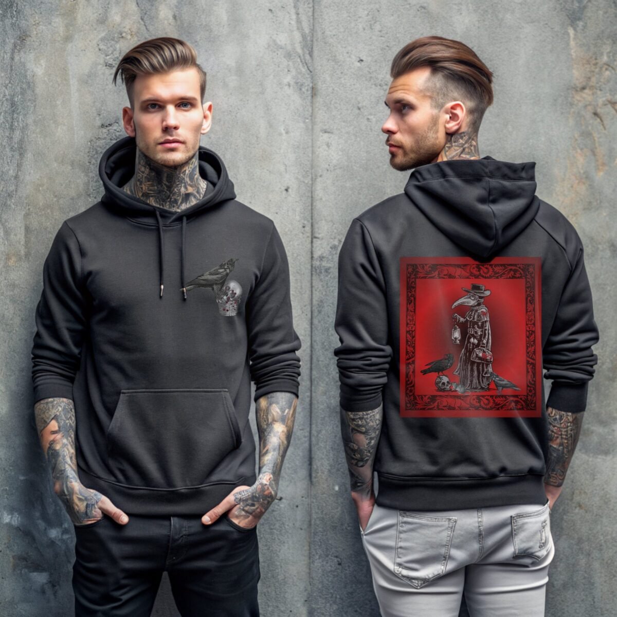 Raven and skull gothic macabre black death design hoodie - 3