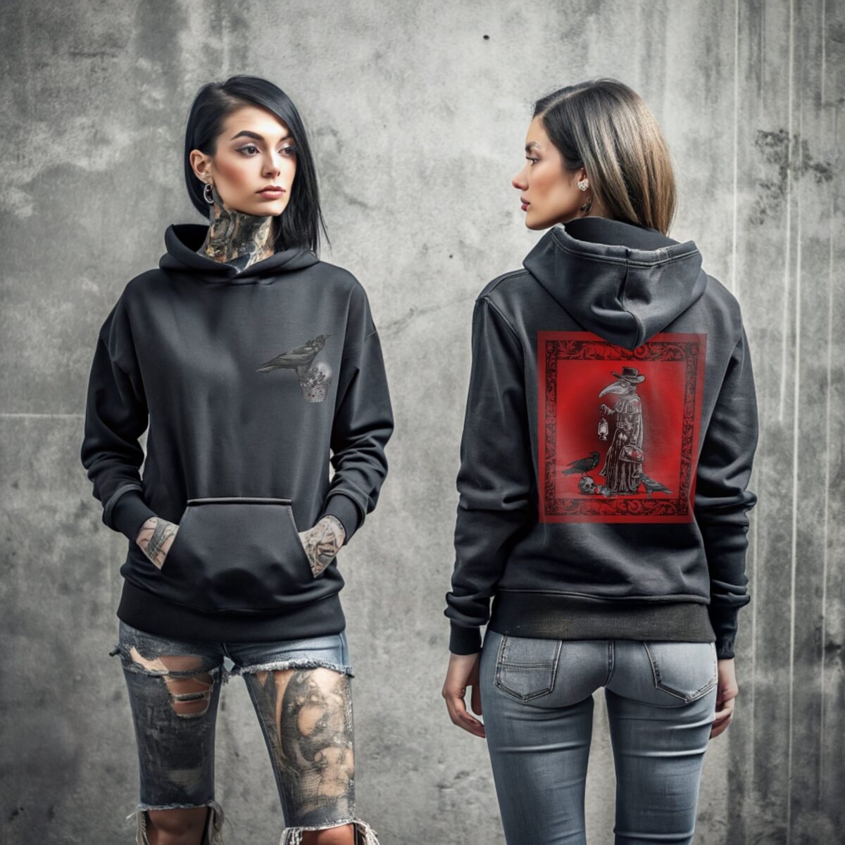 Raven and skull gothic macabre black death design hoodie - 4