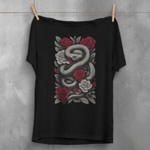 Red Roses and Subtle Danger a Snake Gothic T-Shirt - 1