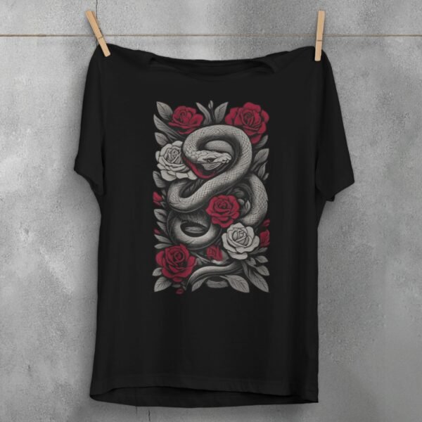 Red Roses and Subtle Danger a Snake Gothic T-Shirt - 1