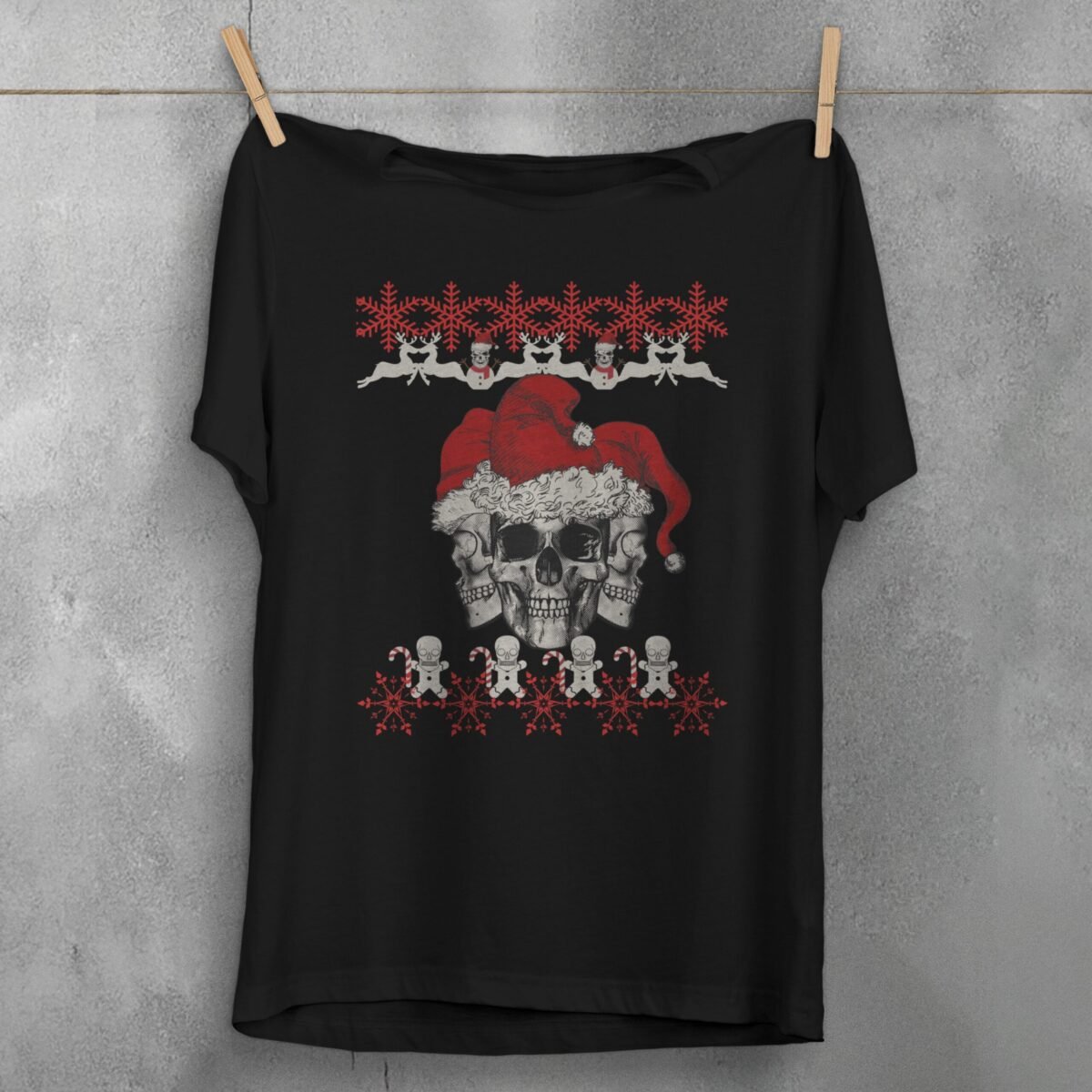 santa skeletons christmas snowfalls joyful season gothic skeleton t-shirt design, variation 1