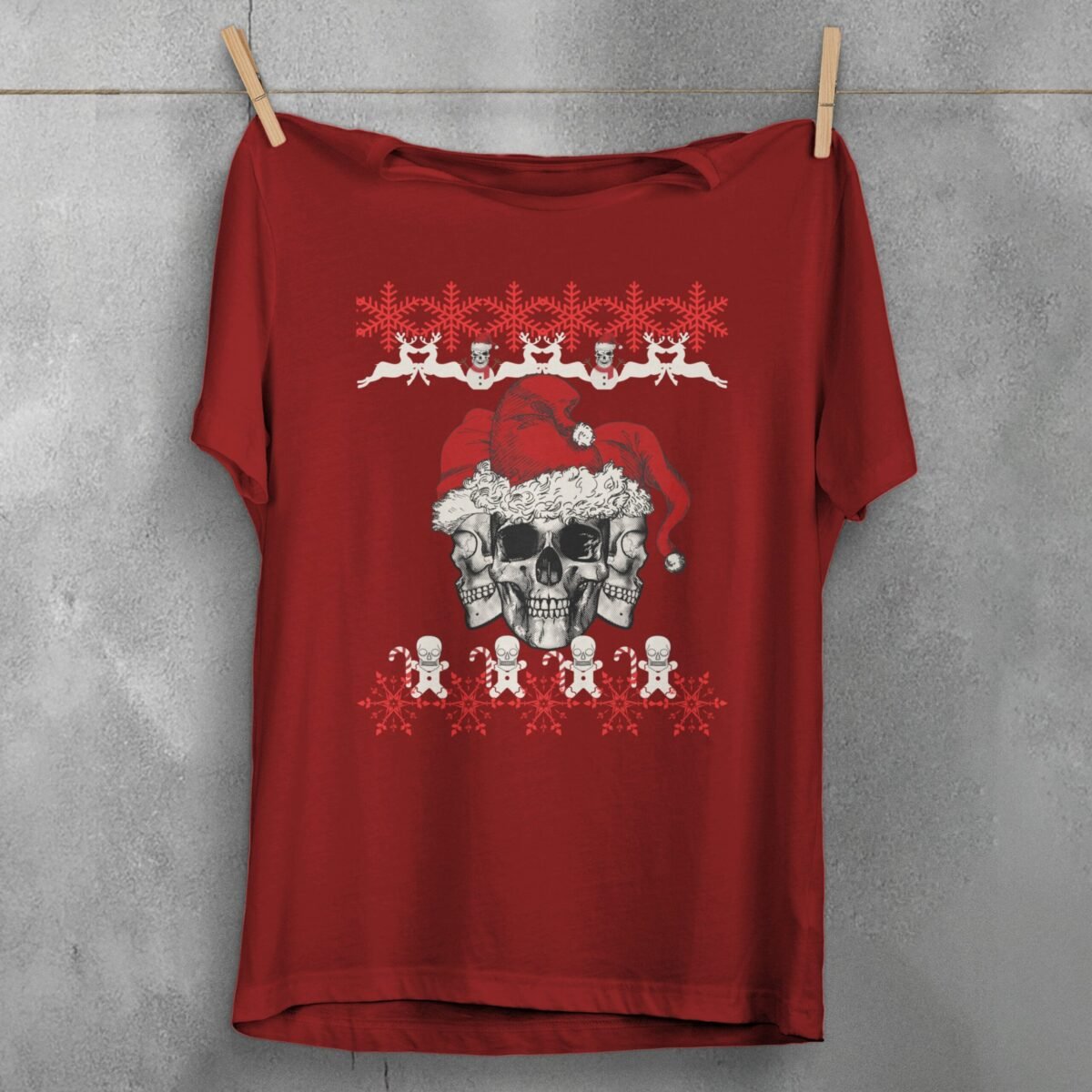 santa skeletons christmas snowfalls joyful season gothic skeleton t-shirt design, variation 4