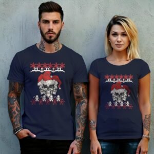 santa skeletons christmas snowfalls joyful season gothic skeleton t-shirt design, variation 8