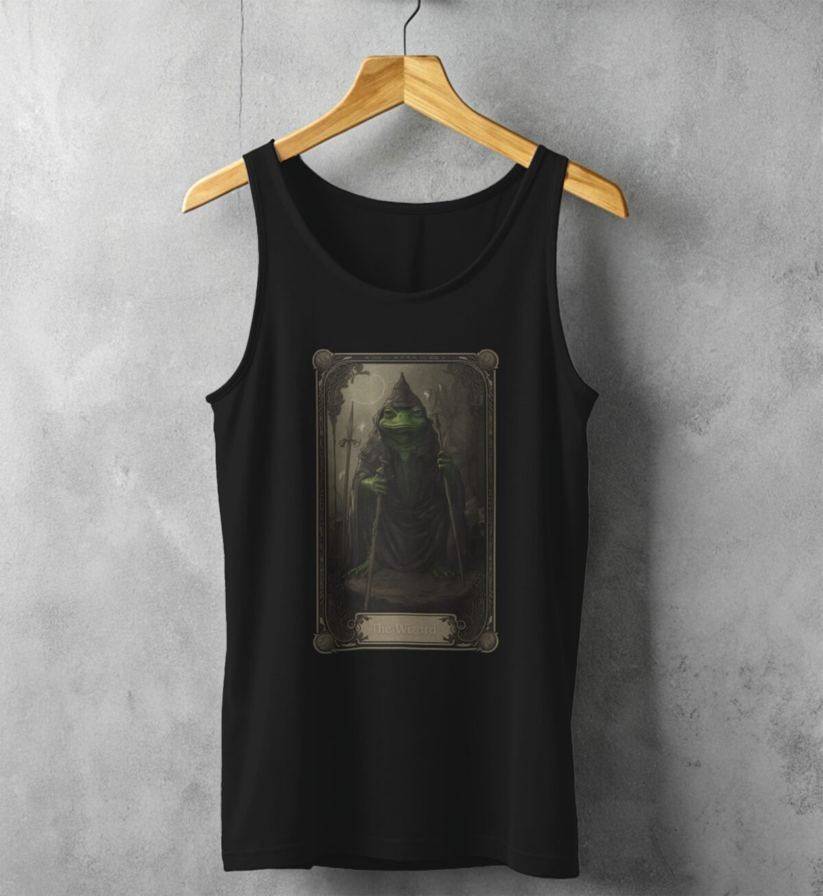 serene mystical frog wizard detailed tarot card tank top design, variation 1