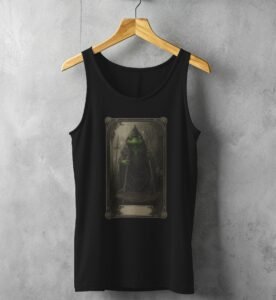 serene mystical frog wizard detailed tarot card tank top design, variation 1