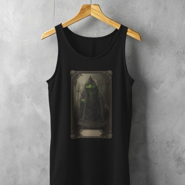 serene mystical frog wizard detailed tarot card tank top design, variation 1