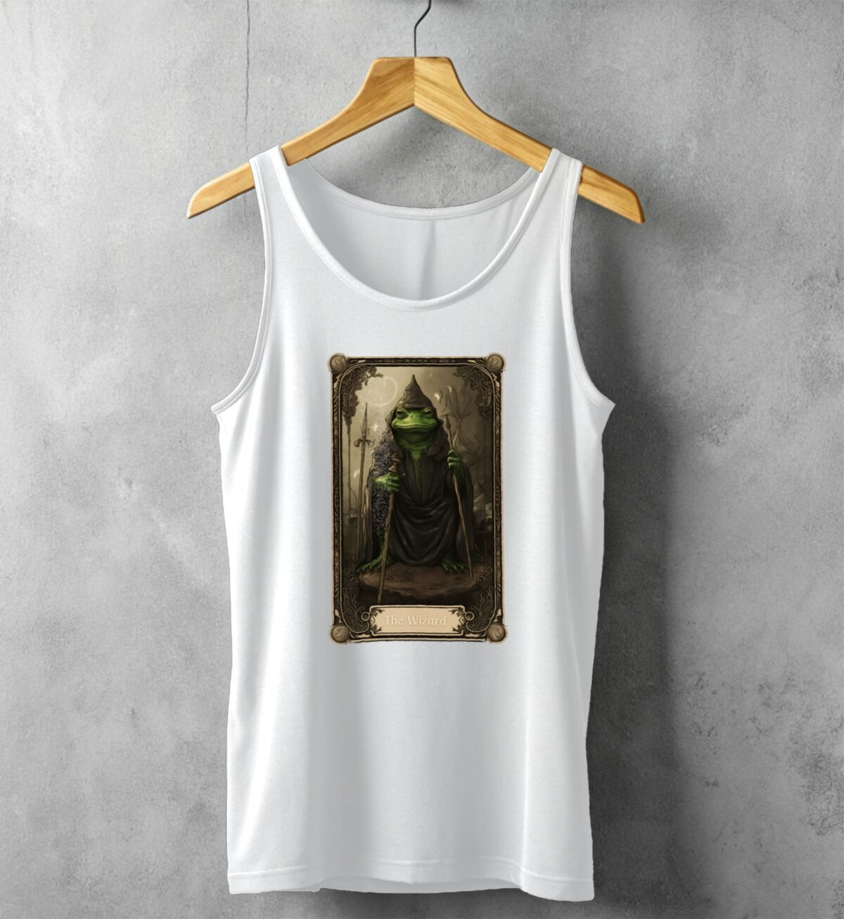 serene mystical frog wizard detailed tarot card tank top design, variation 4