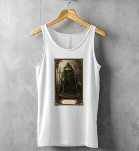 serene mystical frog wizard detailed tarot card tank top design, variation 4
