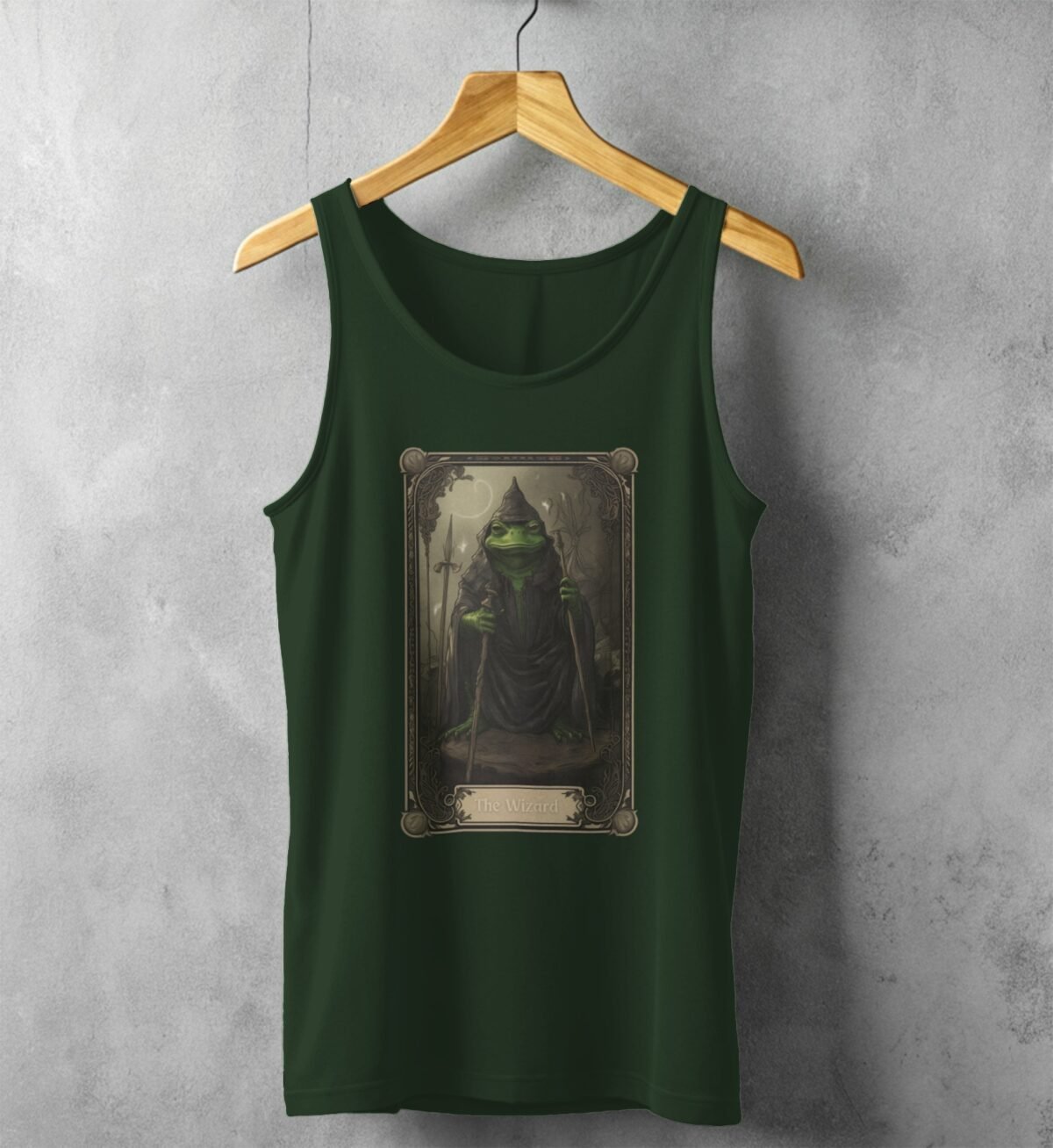 serene mystical frog wizard detailed tarot card tank top design, variation 5