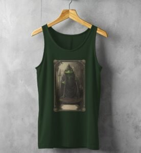 serene mystical frog wizard detailed tarot card tank top design, variation 5