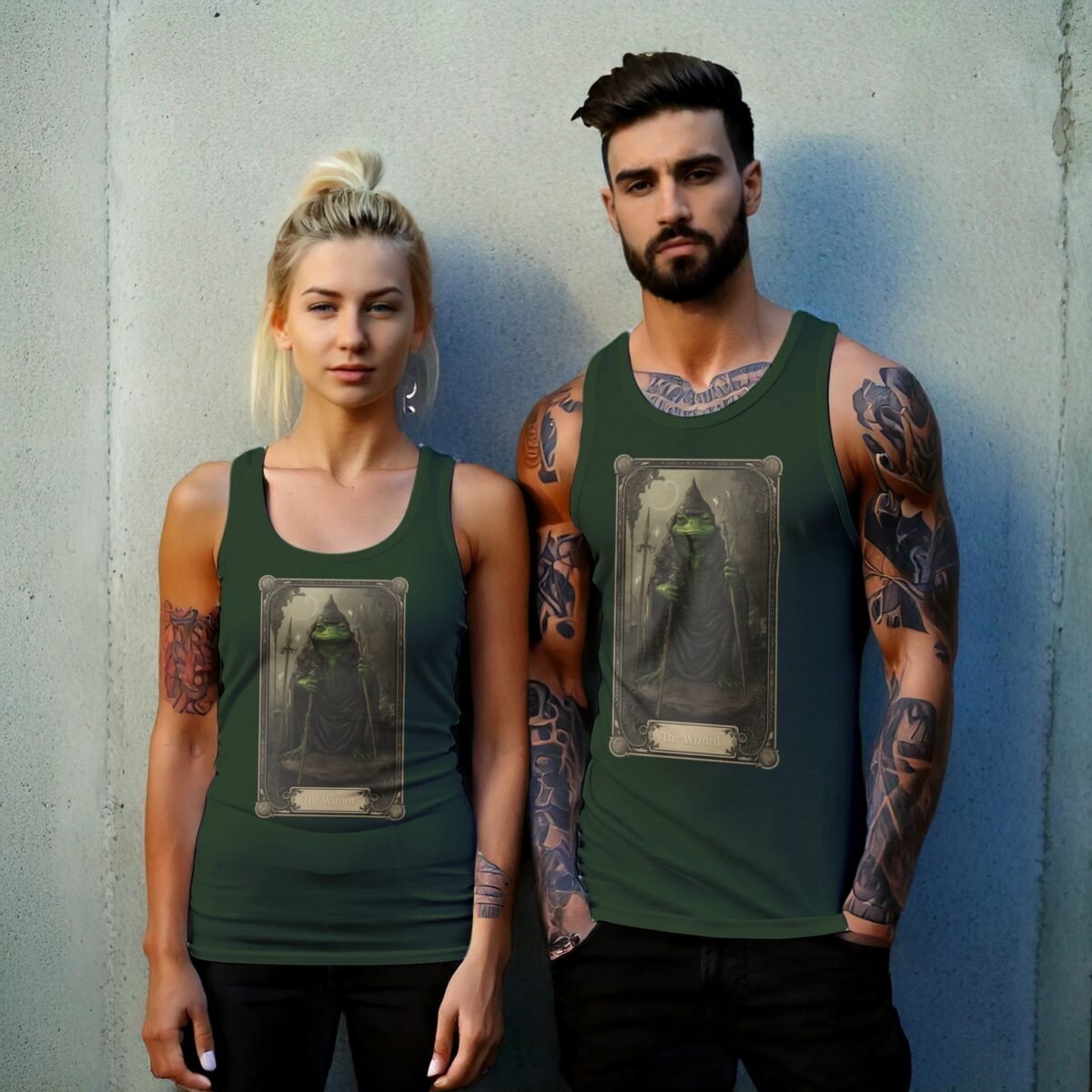 serene mystical frog wizard detailed tarot card tank top design, variation 6
