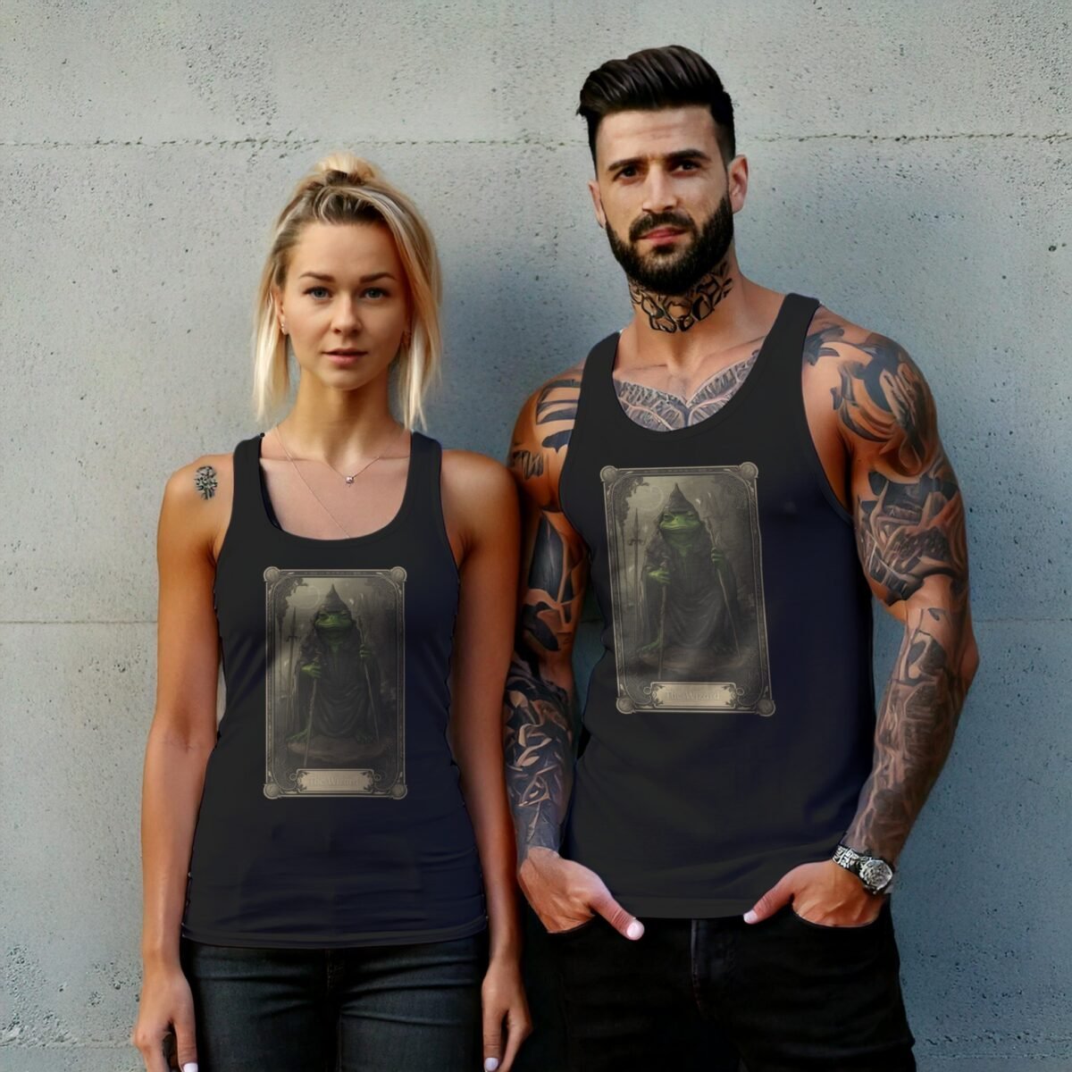 serene mystical frog wizard detailed tarot card tank top design, variation 7