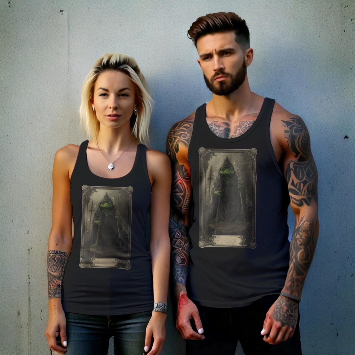 serene mystical frog wizard detailed tarot card tank top design, variation 9