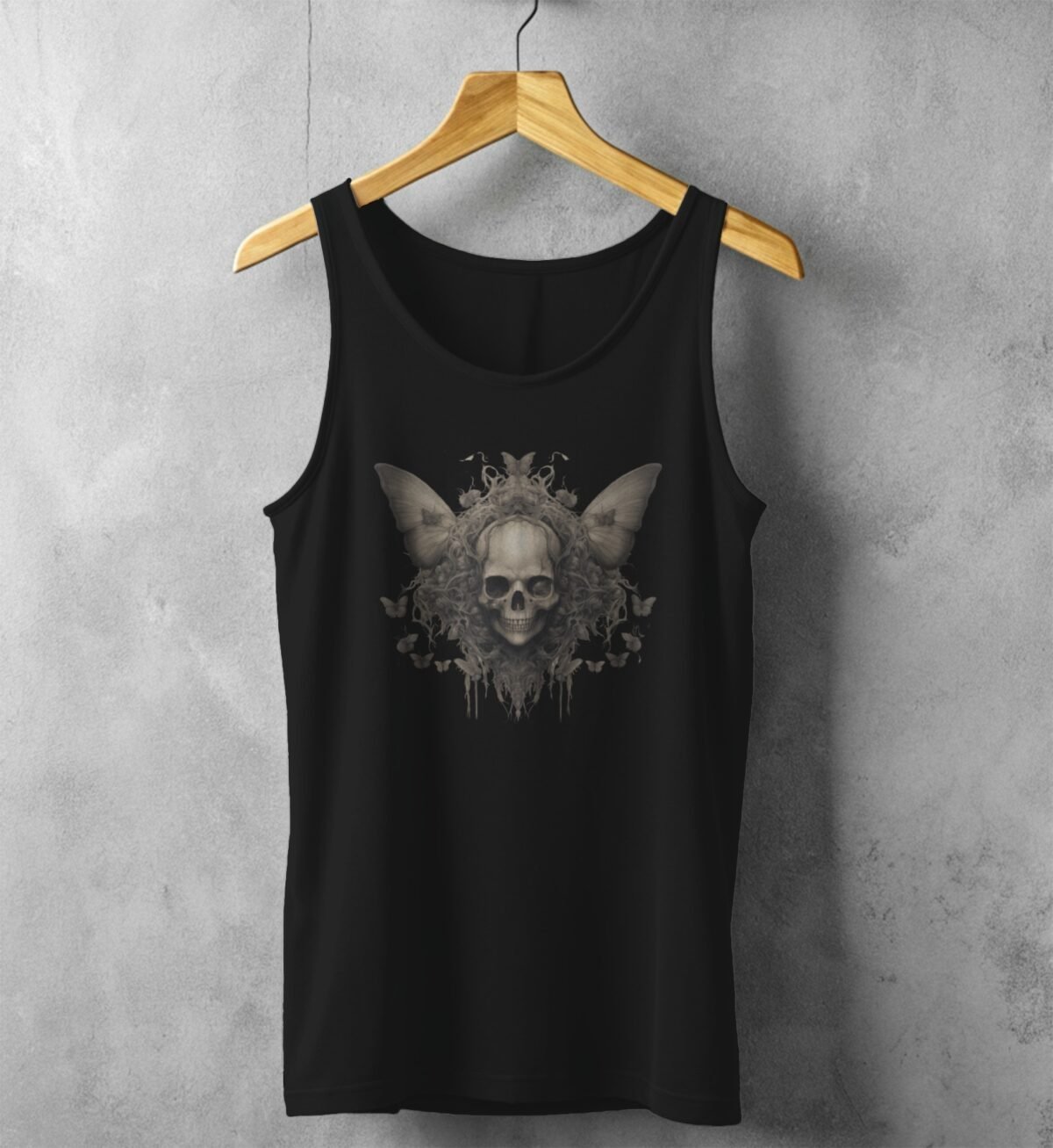 serene skeleton surrounded butterflies calm skull beauty tank design, variation 1