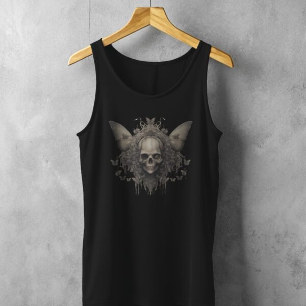 serene skeleton surrounded butterflies calm skull beauty tank design, variation 1
