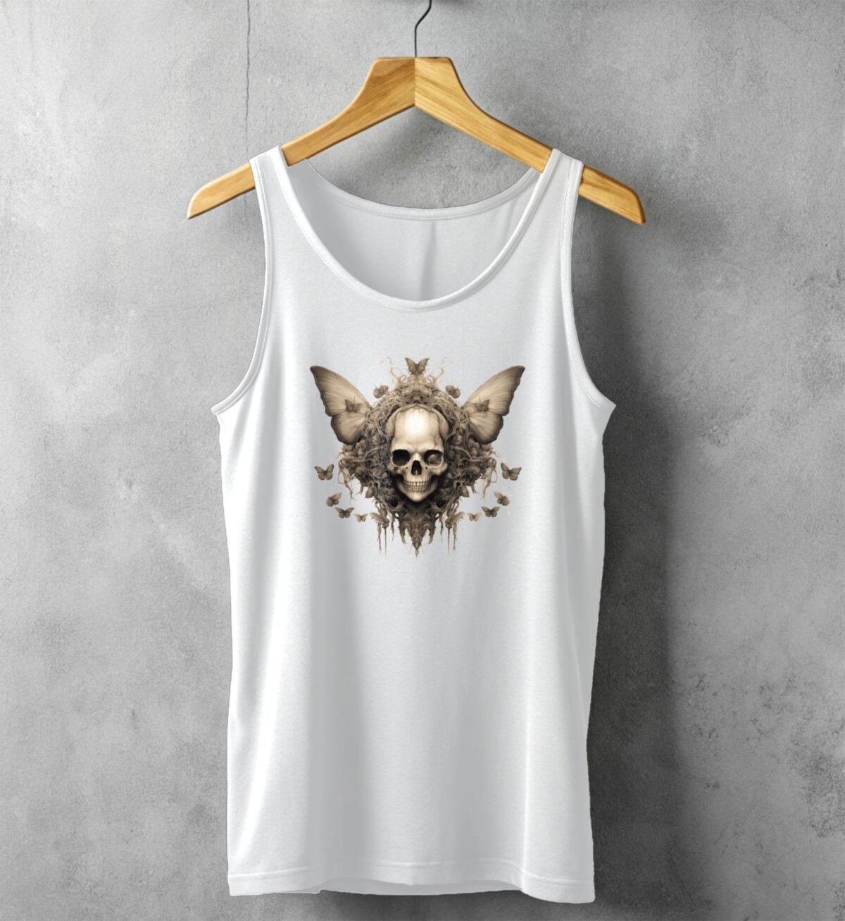serene skeleton surrounded butterflies calm skull beauty tank design, variation 4