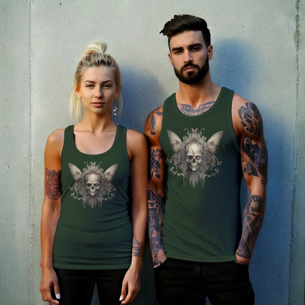 serene skeleton surrounded butterflies calm skull beauty tank design, variation 6