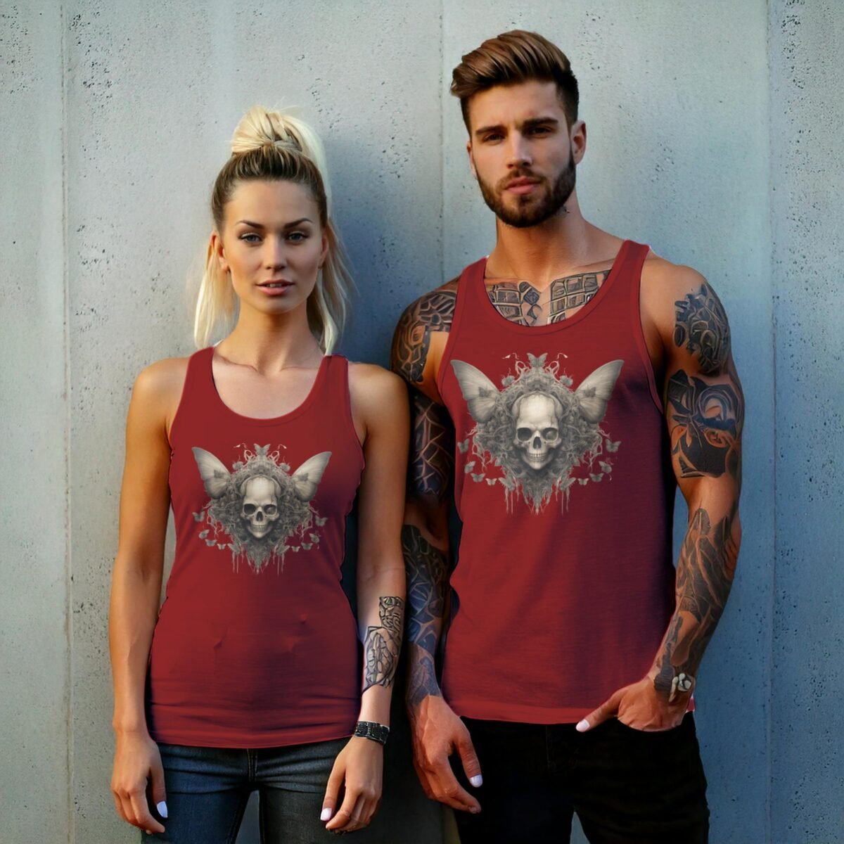 serene skeleton surrounded butterflies calm skull beauty tank design, variation 8