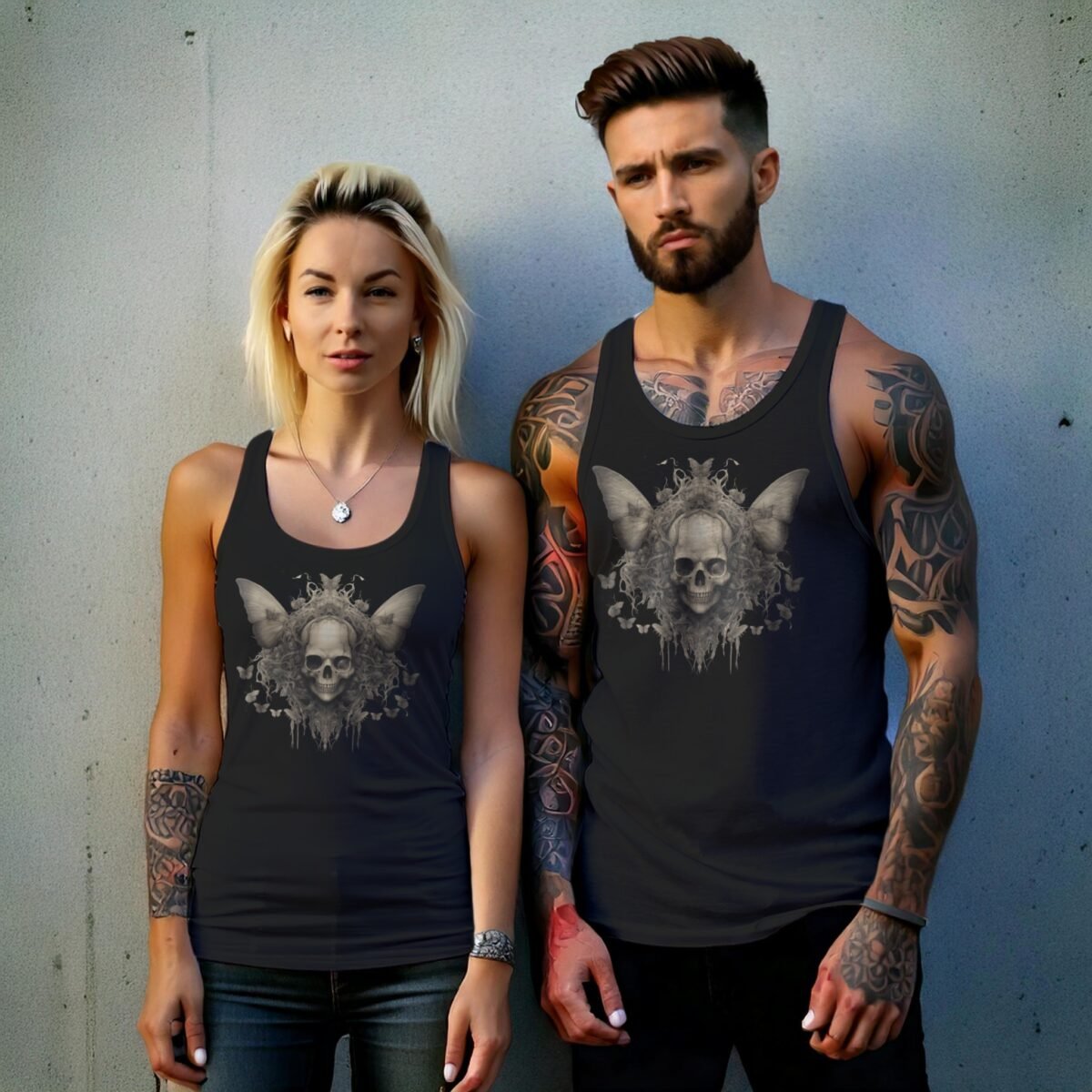 serene skeleton surrounded butterflies calm skull beauty tank design, variation 9