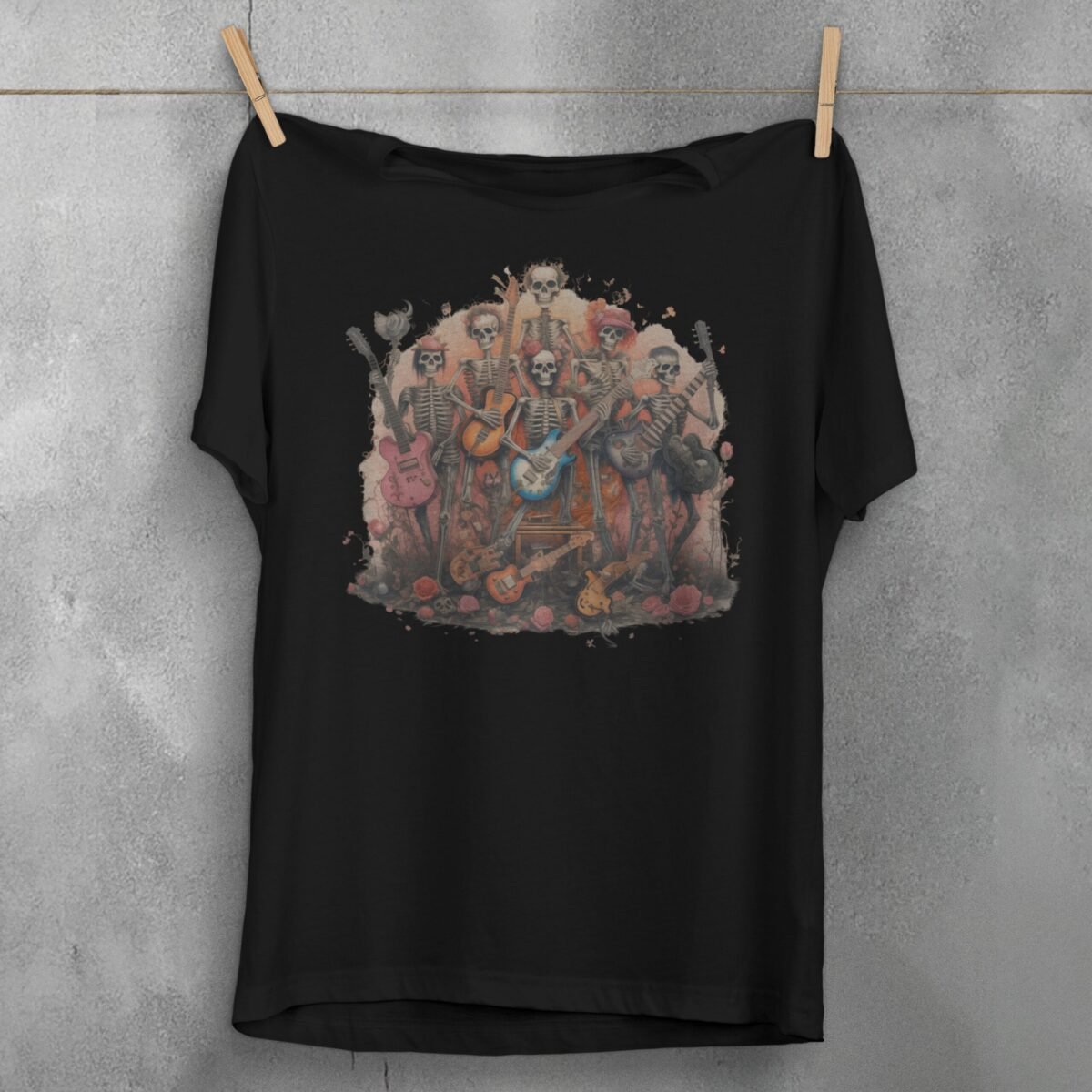 Skeleton band plays on in a beautiful rose garden T-shirt - 1