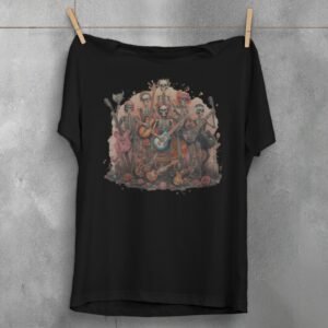 Skeleton band plays on in a beautiful rose garden T-shirt - 1