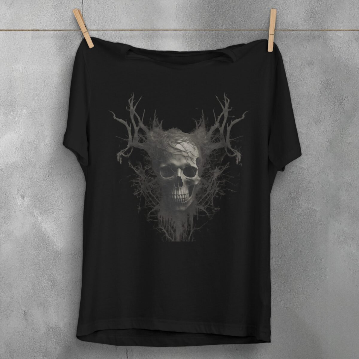 Skeleton emerging nature dark forest style graphic design t-shirt - 1