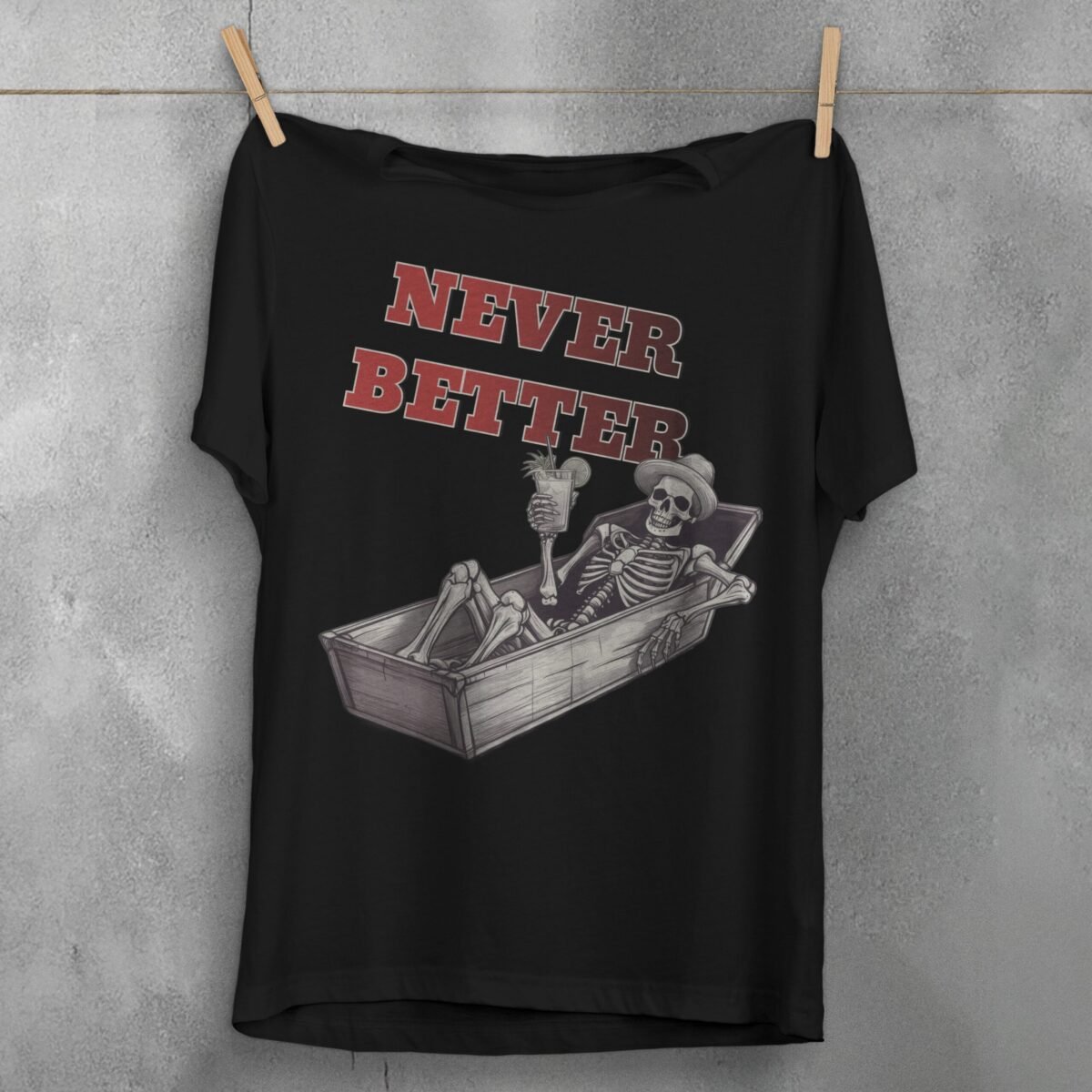 Skeleton relaxing in coffin drink in hand humorous t-shirt - 1