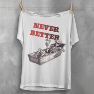 Skeleton relaxing in coffin drink in hand humorous t-shirt - 2