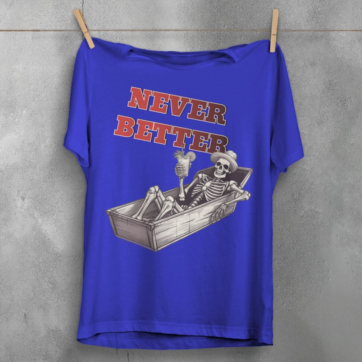 Skeleton relaxing in coffin drink in hand humorous t-shirt - 3