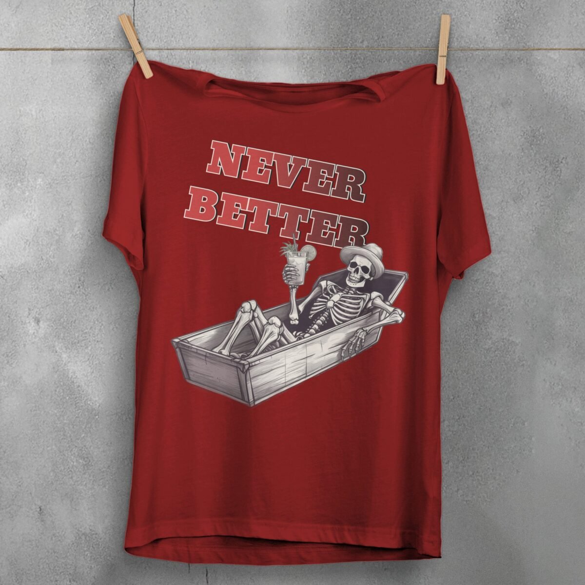 Skeleton relaxing in coffin drink in hand humorous t-shirt - 4