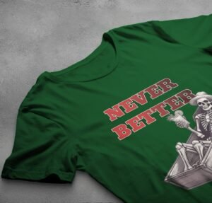 Skeleton relaxing in coffin drink in hand humorous t-shirt - 6